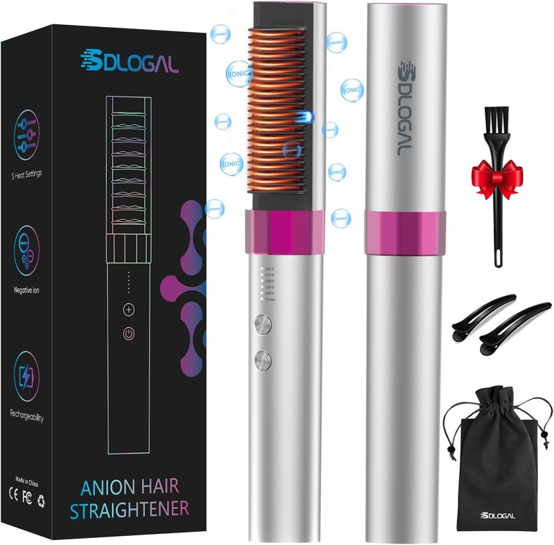 SDLOGAL Rechargeable Hair Straightener Brush, Hair Straightener Comb Straightening Brush for Women, with 5 Temps & Fast Heating, Easy and Fast Salon-Style, Built-in Double Ionic Generators - Image 1